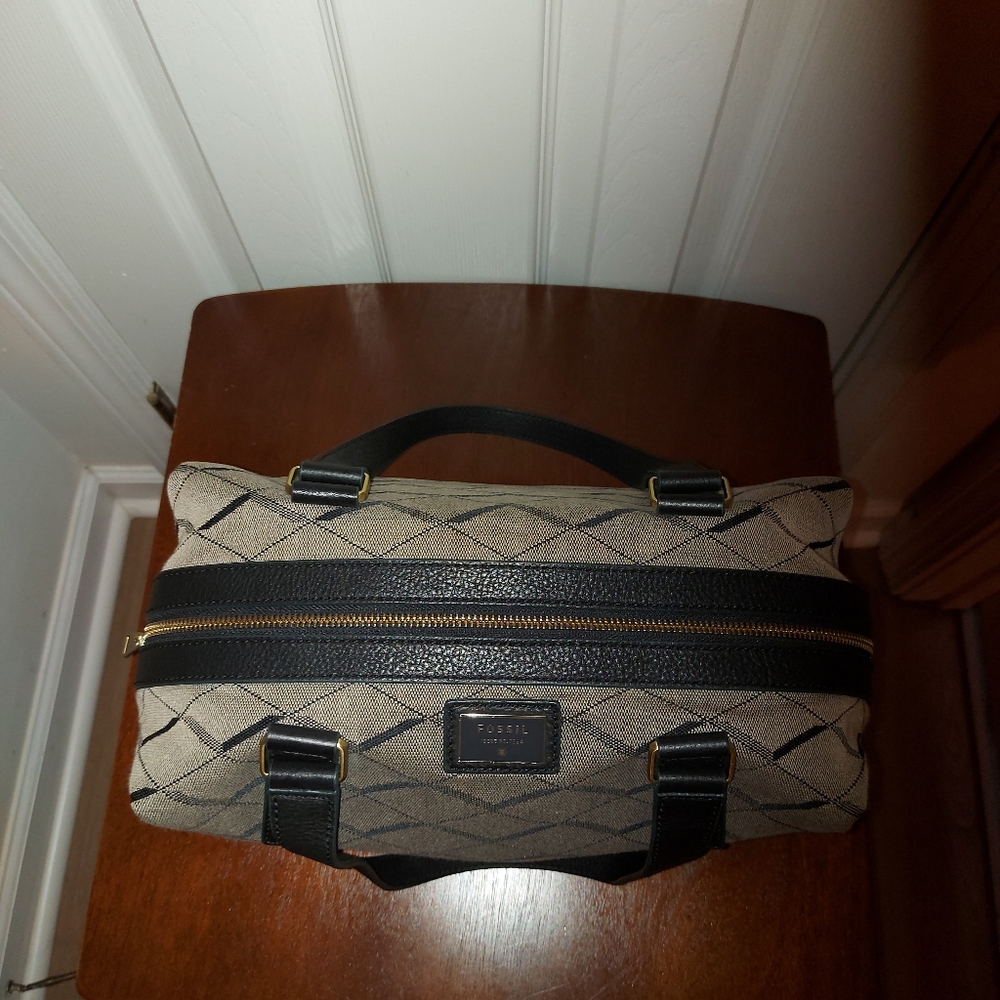 ✔️Fossil Beige Woven Satchel with Black Leather Handles, EUC - Picture 4 of 13
